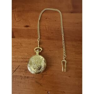 American Eagle Gold Tone Quartz Pocket Watch Roman Numerals Japan Movement